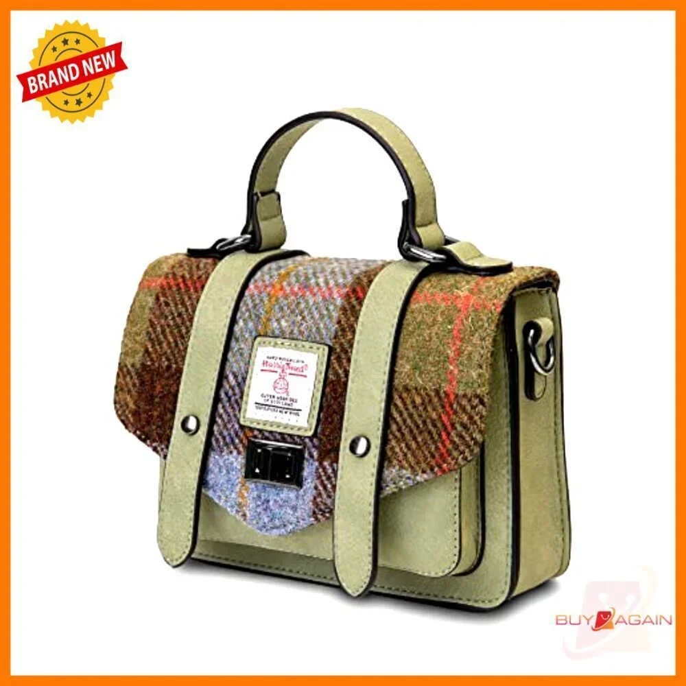 Mini Harris Tweed Satchel Shoulder Bag Vegan Leather Adjustable Strap